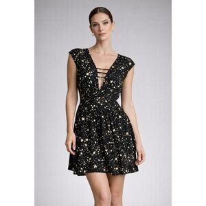 Stillwater Star Print Deep V Mini Dress Black Gold Celestial Cutout Front XS